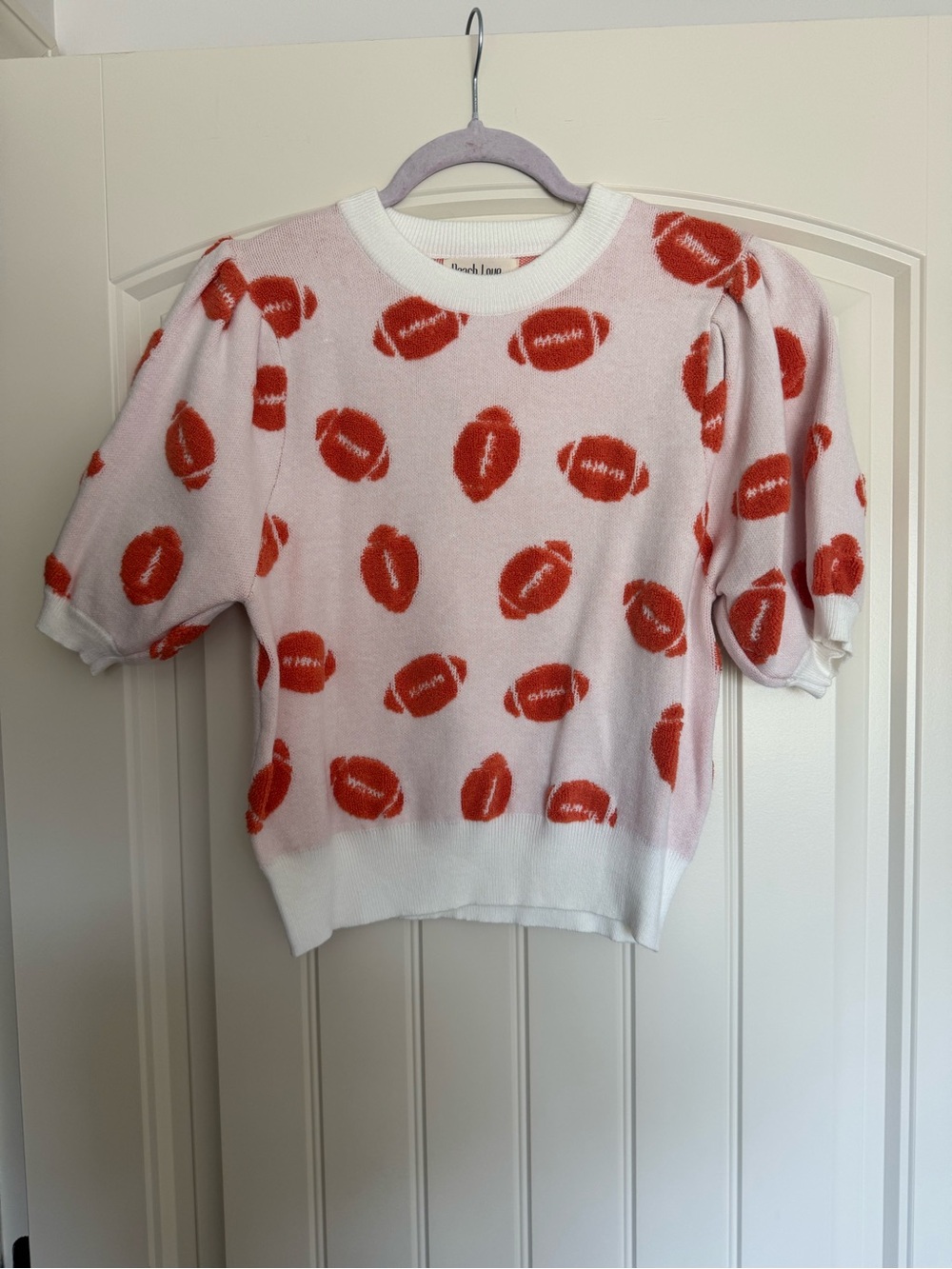 Orange Football-Print Puff Sleeve Knit Top